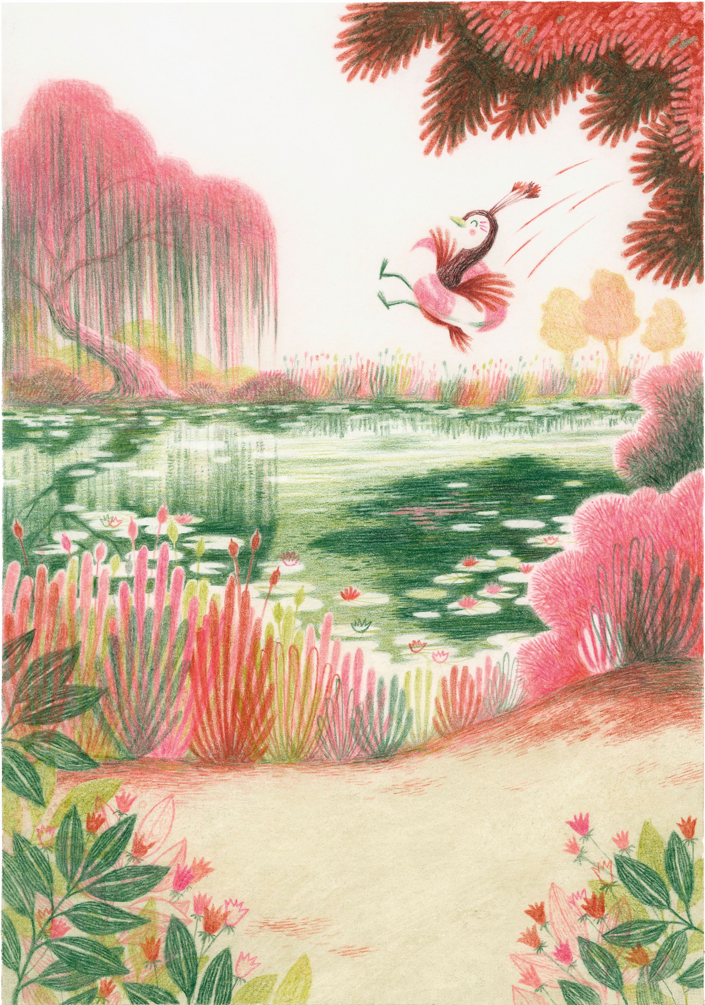 Uccelli su albero arancione.